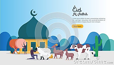 islamic design illustration concept for Happy eid al adha or sacrifice celebration event with people character for web landing Vector Illustration