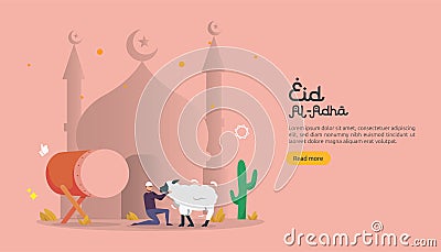 islamic design illustration concept for Happy eid al adha or sacrifice celebration event with people character for web landing Vector Illustration