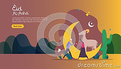 islamic design illustration concept for Happy eid al adha or sacrifice celebration event with people character for web landing Vector Illustration