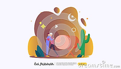islamic design illustration concept for Happy eid mubarak or ramadan greeting with people character. template for web landing page Vector Illustration