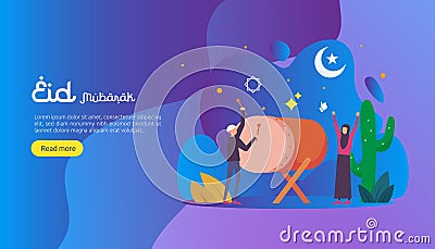 islamic design illustration concept for Happy eid mubarak or ramadan greeting with people character. template for web landing page Vector Illustration