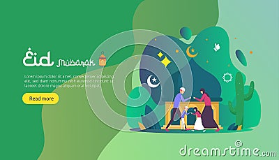 islamic design illustration concept for Happy eid mubarak or ramadan greeting with people character. template for web landing page Vector Illustration