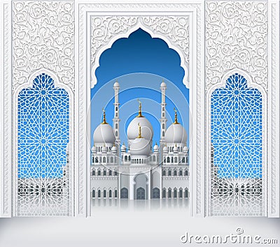 Islamic Design White Arch with Pattern and Mosque Vector Illustration