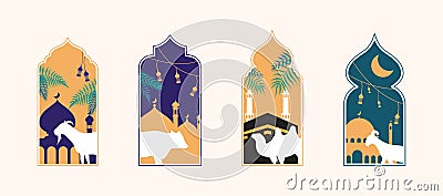 islamic eid al adha sacrificial day greeting card with ornamental arabic frame with sacrificial sheep goat cow and camel Vector Illustration