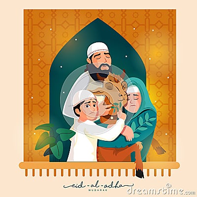 Islamic Festival , Eid-Al-Adha Mubarak Concept with Muslim Family Holding Goat Stock Photo