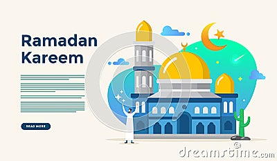 Islamic flat design illustration for happy eid fitr or adha mubarak and ramadan kareem with people character concept for web Vector Illustration