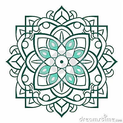 Islamic Flower Art: Dark Green And Aquamarine Design With Thai And Zen Buddhism Influence Cartoon Illustration
