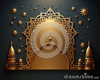 The Islamic greetings card design has a beautiful gold islamic background. Stock Photo