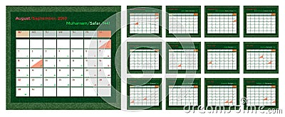 Islamic and Gregorian Monthly Calendar. Hijri 1441 starts Muharram and Christian starts September 2019 to August 2020 Vector Illustration