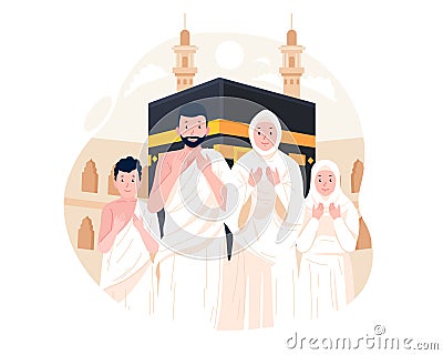 Islamic Hajj Pilgrimage. A Muslim family wears ihram clothes performing Hajj or Umrah Pilgrimage with Kaaba Background Vector Illustration