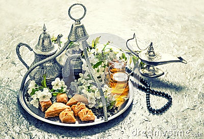 Islamic holidays food with decoration. Ramadan kareem. Vintage s Stock Photo