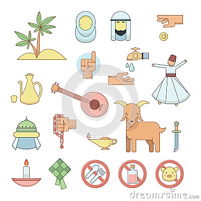 Islamic icons set, colourful muslim religion culture icons vector illustration. Vector Illustration