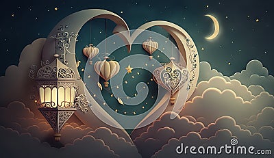 islamic illustration of a crescent moon and realistic clouds with traditional lanterns and hearts. Generative ai Cartoon Illustration