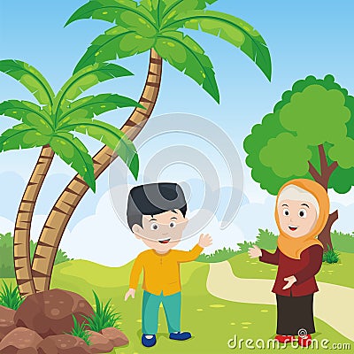 Islamic kid with Nature landscape background Stock Photo