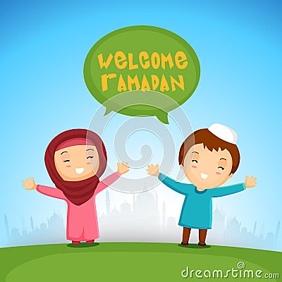 Islamic kids welcoming Ramadan Kareem. Stock Photo