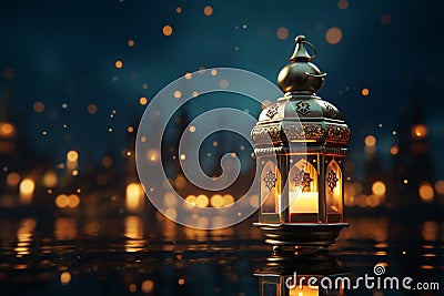Islamic lantern on table by window, portraying serene moonlit mosque Stock Photo
