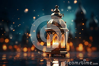 Islamic lantern on table by window, portraying serene moonlit mosque Stock Photo