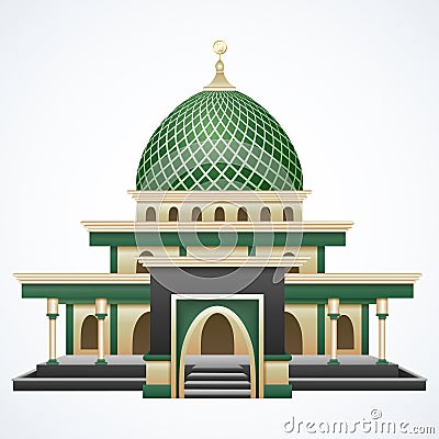 Islamic mosque building with green dome isolated on white background Vector Illustration