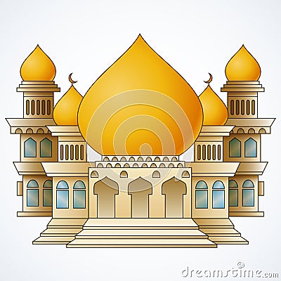 Islamic mosque building with yellow dome and four tower isolated on white background Vector Illustration