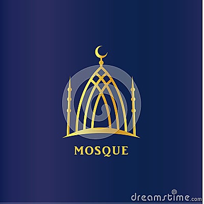 Islamic mosque linear silhouette. Cresent on dome, Islam symbol. Religion vector icon, logo template on dark blue Vector Illustration