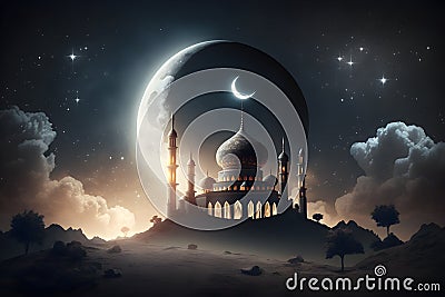Islamic Mosque under the Radiant Ramadan Moon in the Night Sky Cartoon Illustration