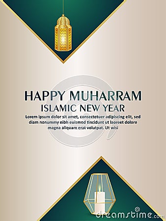 Islamic new year happy muharram celebration greeting card with creative arabic vector lantern Stock Photo