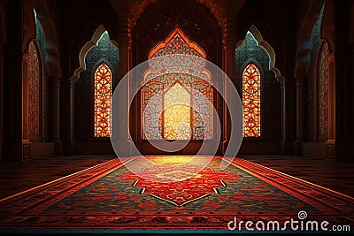 Islamic prayer rugs arranged in a symmetrical. Generative ai Stock Photo