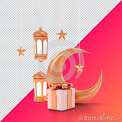 Islamic product display mock up. Podium, crescent moon, lantern, gift box. Ramadan, Islamic New Year. 3D rendering. clipping paht Stock Photo