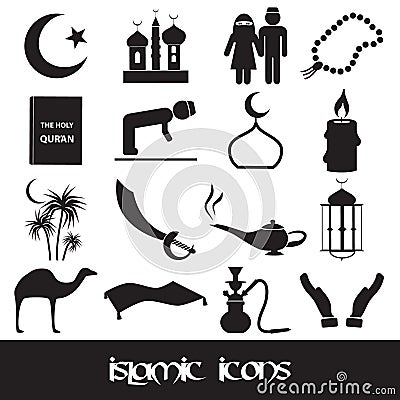 Islamic religion simple black icons set Vector Illustration