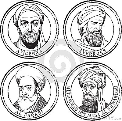 Islamic scientists stamp set, in line art portrait Vector Illustration