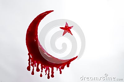 Islamic symbol ,Crescent and Star, scribbled with blood on white background Stock Photo