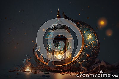 A Islamic-themed post for Ramadan featuring a crescent moon and stars, illuminated with lights against a nighttime background. AI Stock Photo