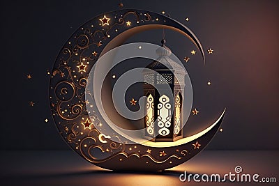 A Islamic-themed post for Ramadan featuring a crescent moon and stars, illuminated with lights against a nighttime background. AI Stock Photo