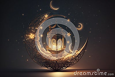 A Islamic-themed post for Ramadan featuring a crescent moon and stars, illuminated with lights against a nighttime background. AI Stock Photo