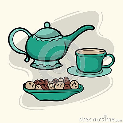 Simple colored hand drawn of Islamic teapot Cartoon Illustration
