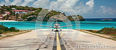 Island Airstrip Small Plane Landing On A Picturesque Caribbean Runway Stock Photo