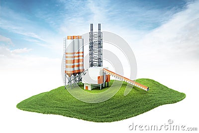 Island with cement factory floating in the air Cartoon Illustration