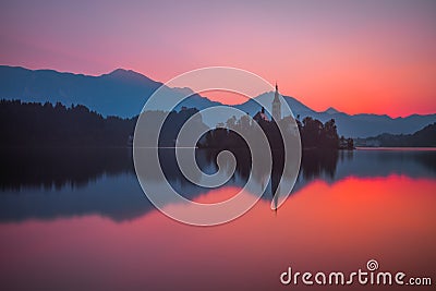 An Island with Church in Bled Lake, Slovenia at Sunrise Stock Photo