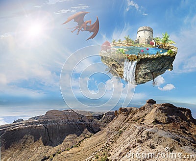 Island dragon flying over a mountain landscape Stock Photo