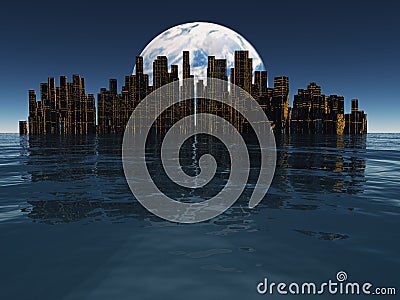 Island or floating city with planet or moon beyond Stock Photo