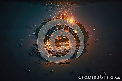 an island of floating trash that is illuminated by a fire on the shore. Stock Photo