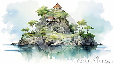 China Watercolor Illustration: Romantic Islet With Stone And Wood House Stock Photo