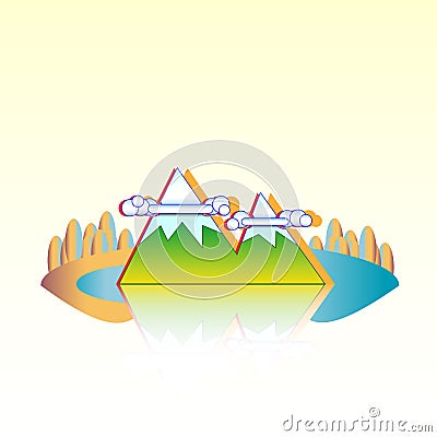 Island lake mountains and forest. Vector island landscape illustration Vector Illustration
