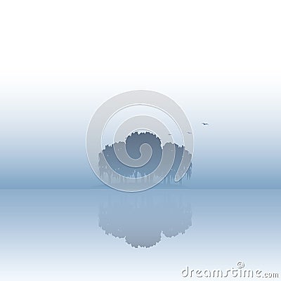 Island landscape vector illustration with fog or mist atmosphere. Calm, serene, tranquil nature scenery. Vector Illustration