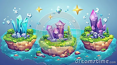 Island levels in an ocean with crystals, green grass, rocks, stars, and numbers. Cartoon 2D fantasy landscape platform Stock Photo