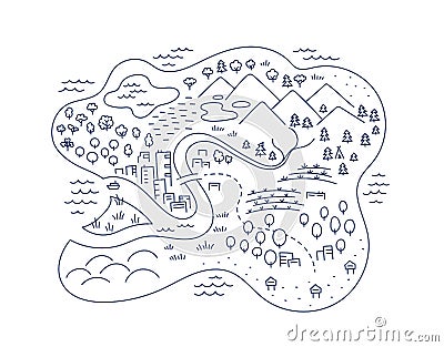 Island locality area map sketch. Isle city and village. Map for board game. Hand drawn vector line. Open paths editable Vector Illustration