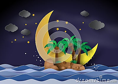 Island in the midnight with half moon Vector Illustration