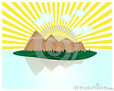 Island mountain water trees paradise tropical sun rays clouds Vector Illustration