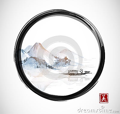 Island with mountains and fishing boat in black enso zen circle. Vector Illustration