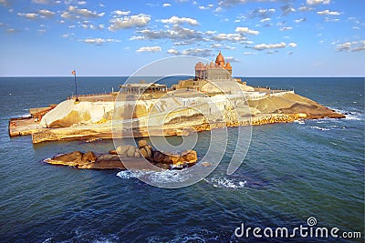 Island at ocean near Cape Comorin in Kanyakumari Stock Photo